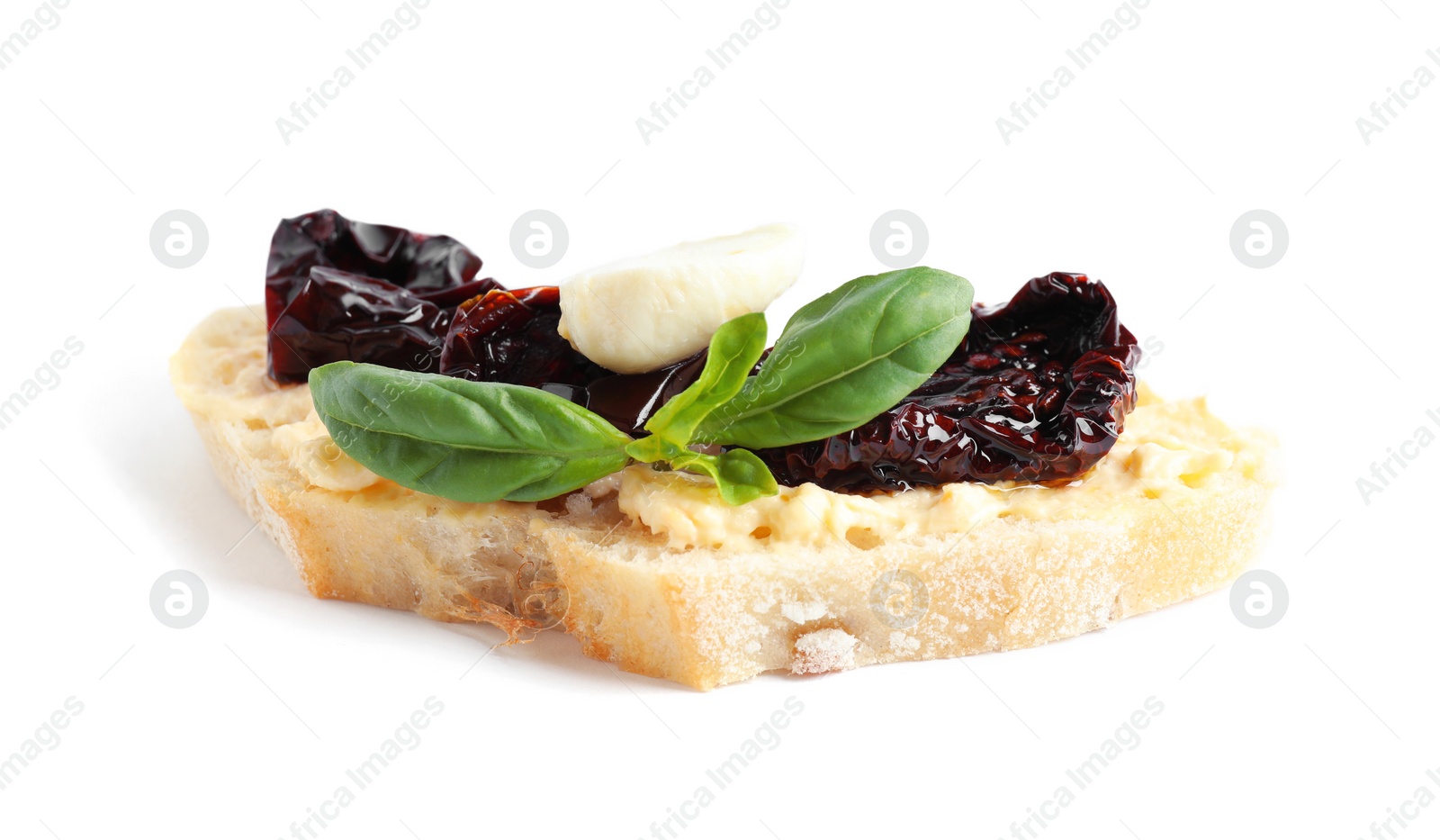 Photo of Delicious tomato bruschetta on white background. Traditional Italian antipasto