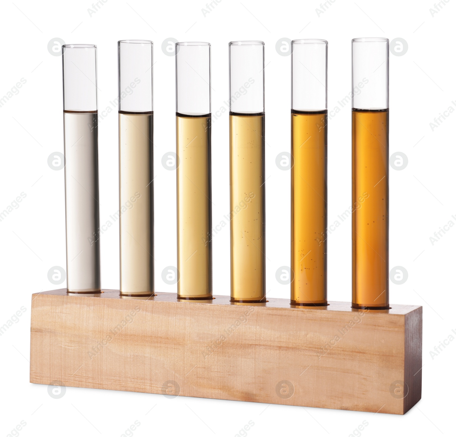 Photo of Test tubes with brown liquid in stand on white background