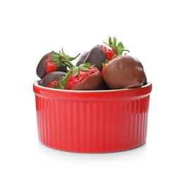 Photo of Bowl with chocolate covered strawberries on white background