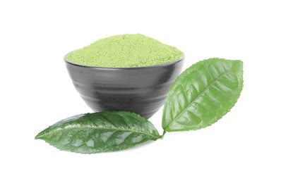 Leaves and bowl of matcha powder isolated on white