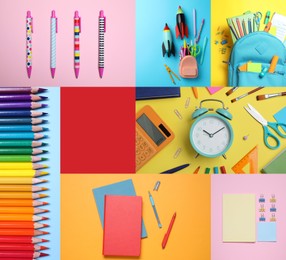 Image of Collage with photos of various school stationery on different color backgrounds, top view. Space for design