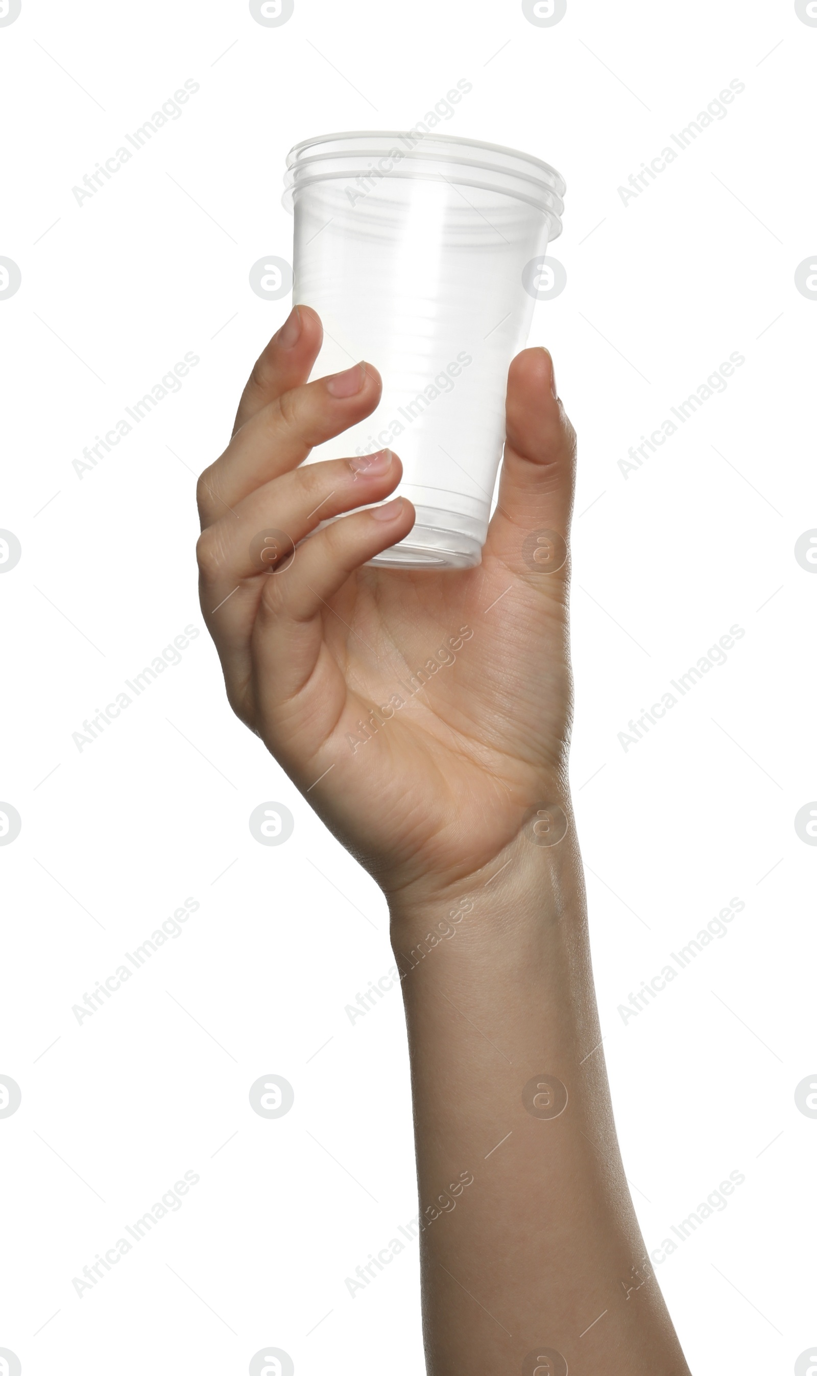 Photo of Woman holding plastic cups on white background, closeup