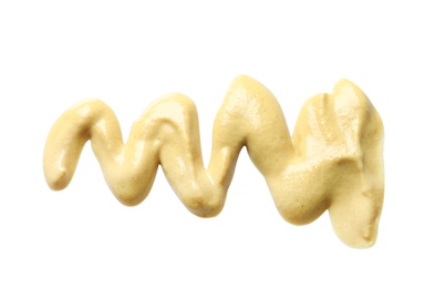 Photo of Delicious mustard on white background, top view. Spicy sauce