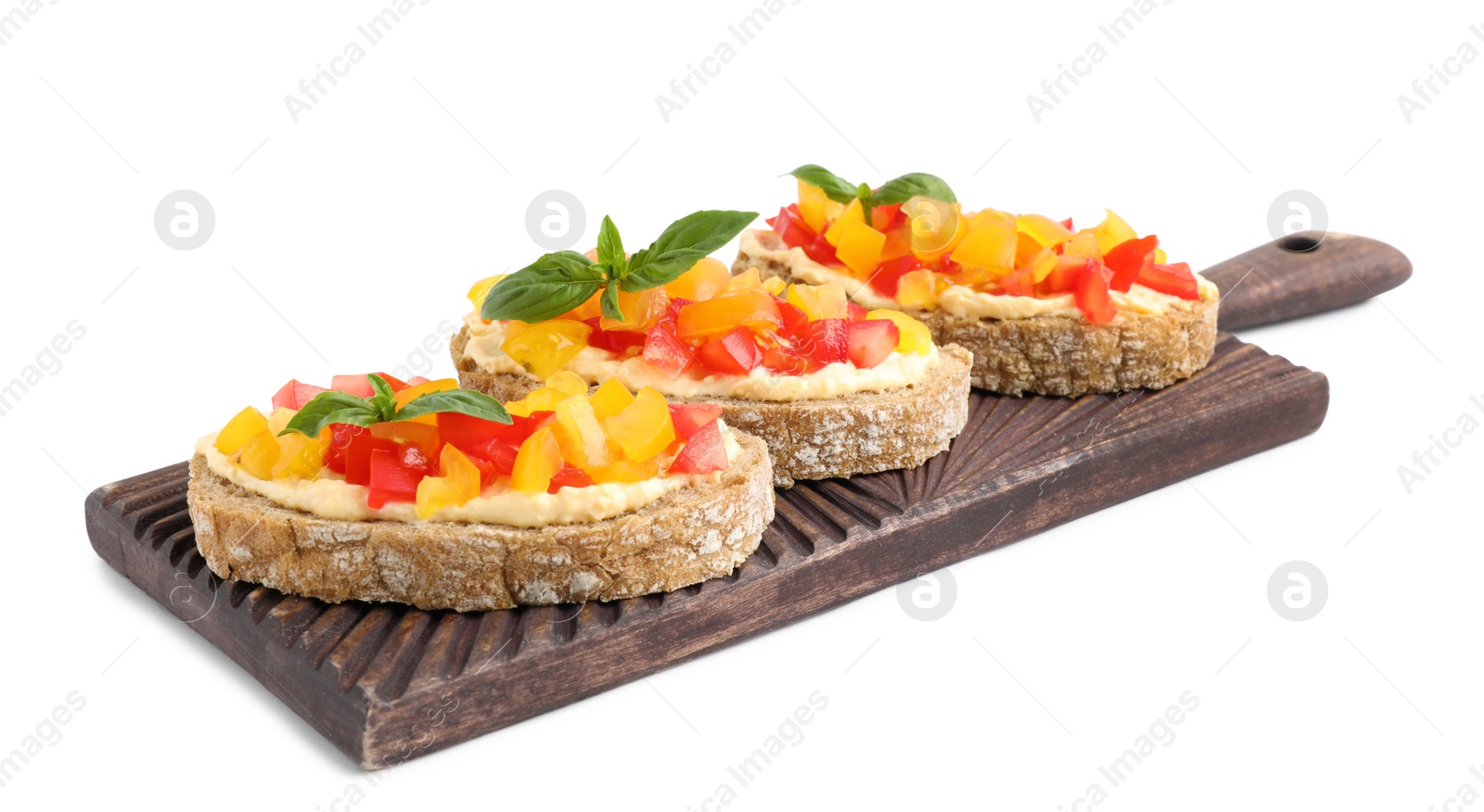 Photo of Tasty fresh tomato bruschettas on white background