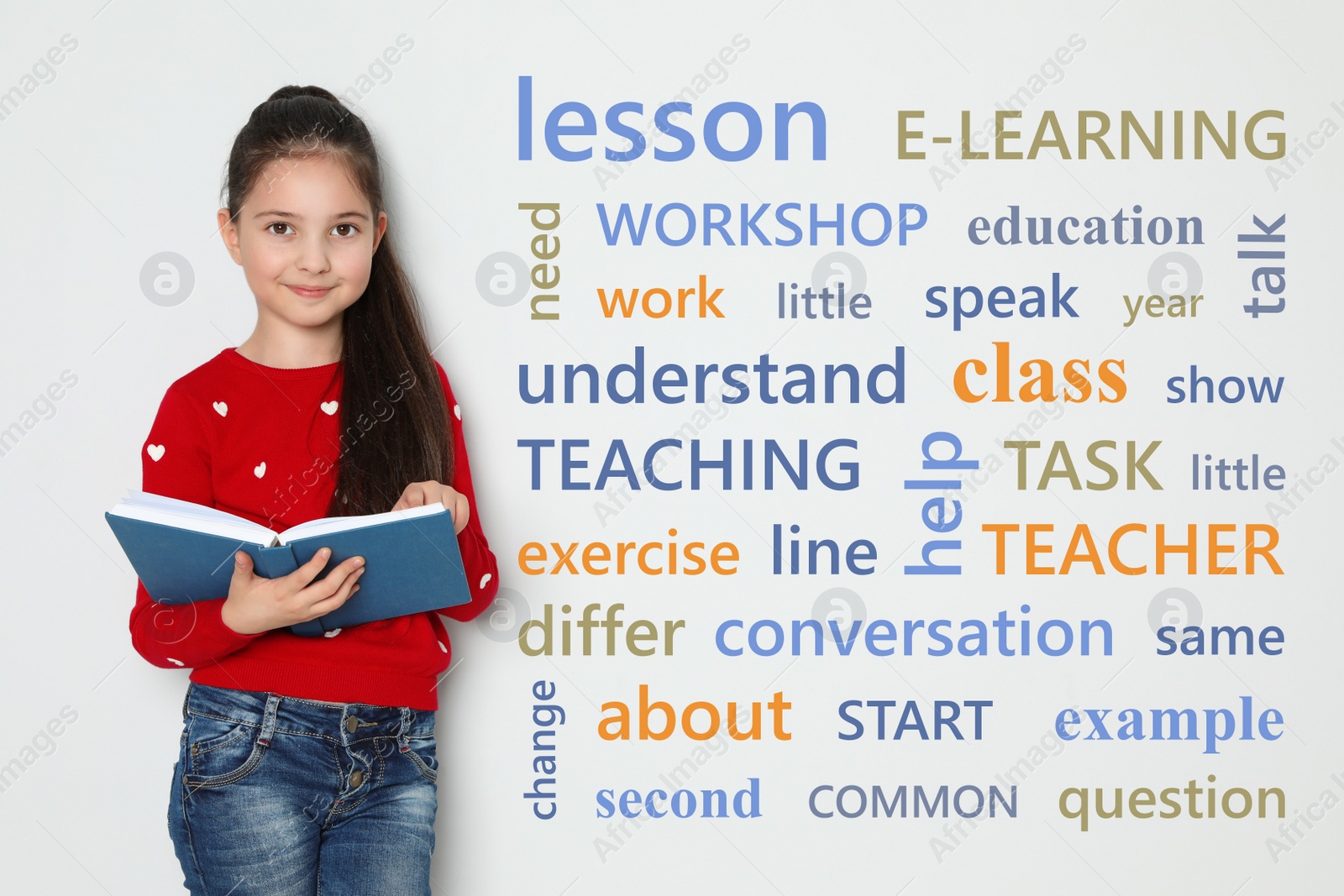 Image of Cute little girl reading vocabulary on white background with word cloud