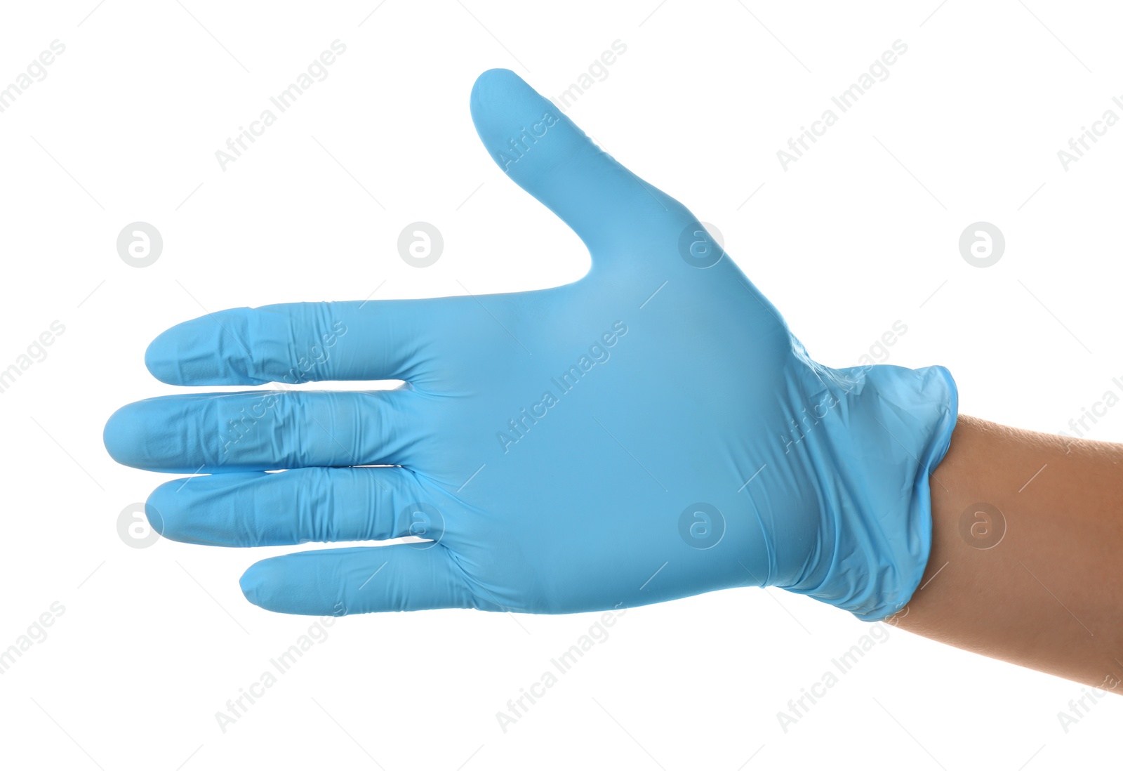 Photo of Person in blue latex gloves against white background, closeup on hand