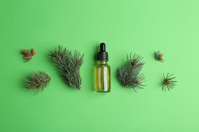 Little bottle with essential oil and pine branches on color background, flat lay