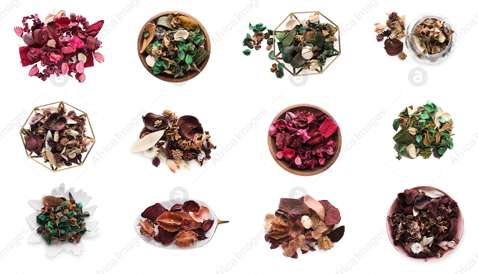 Image of Set with scented potpourri on white background, top view