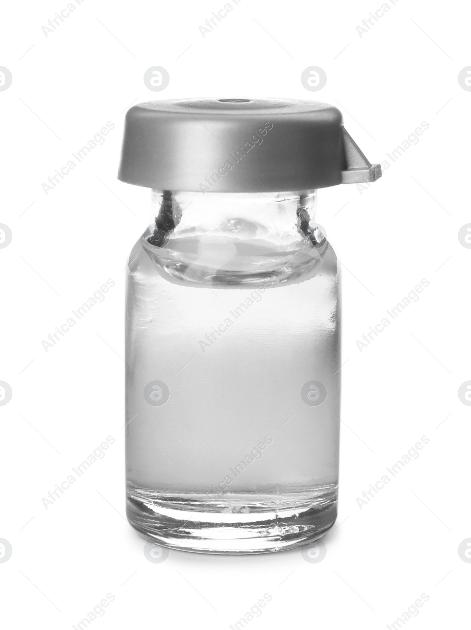 Photo of Medical vial with solution for injection on white background