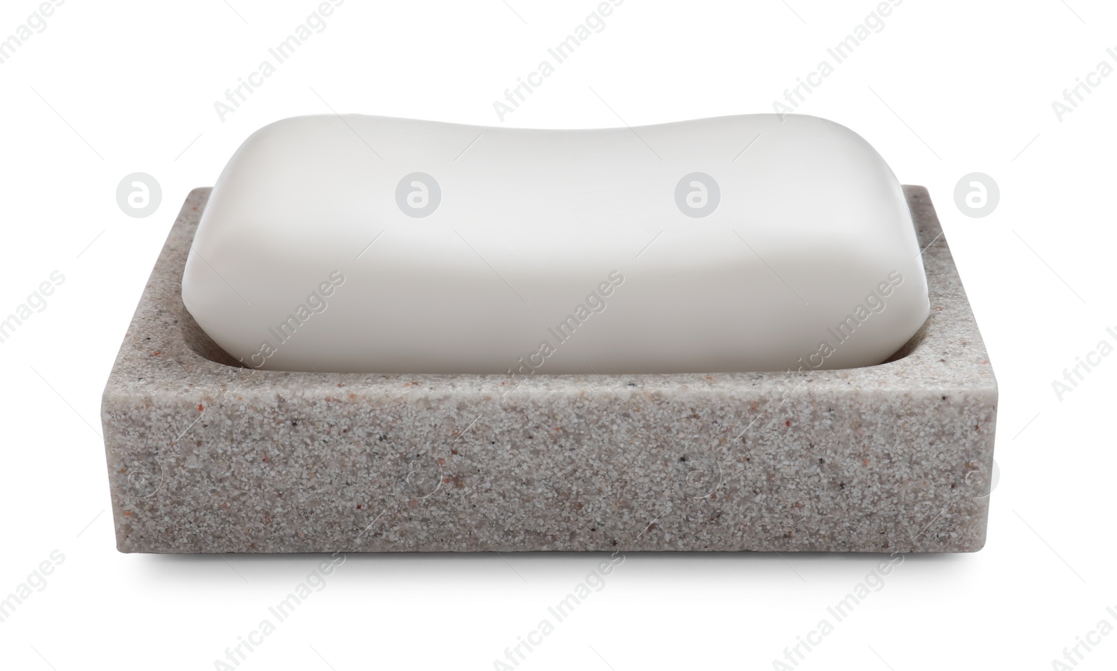 Photo of Holder with soap bar on white background