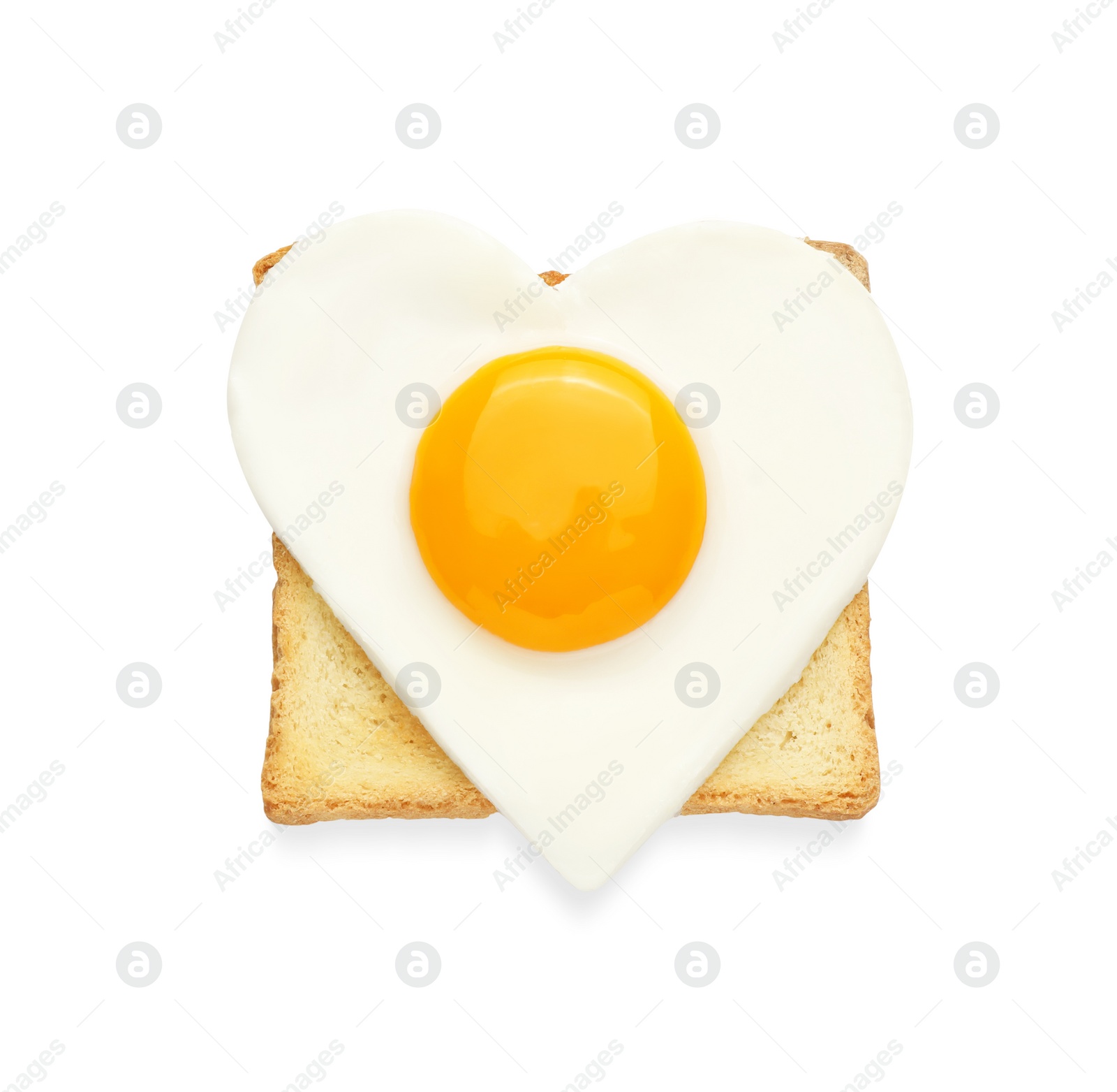 Photo of Tasty fried egg in shape of heart with toast isolated on white, top view