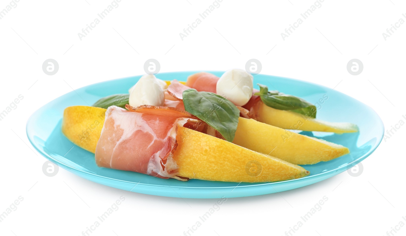 Photo of Plate with melon, mozzarella and prosciutto on white background