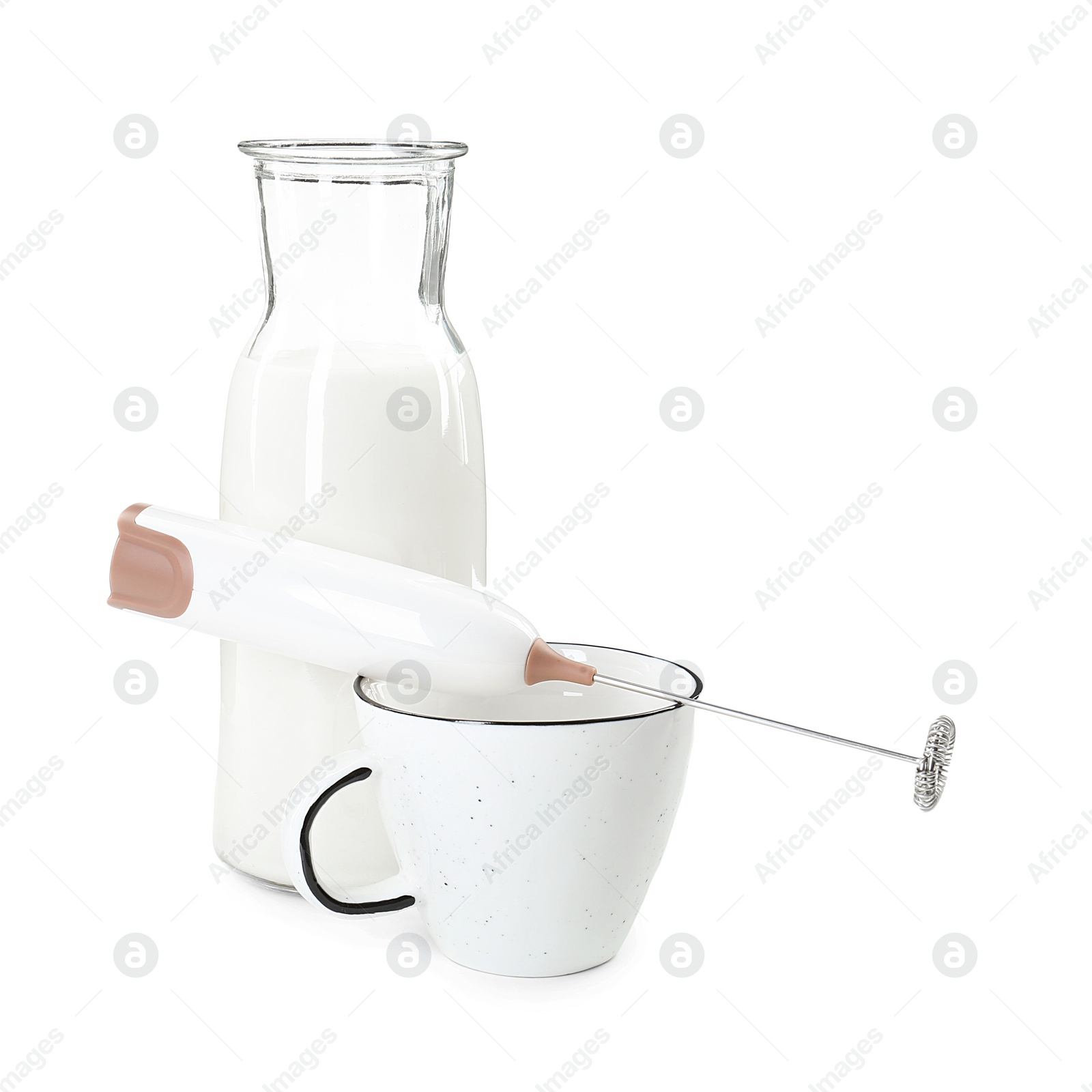 Photo of Mini mixer (milk frother), cup and bottle isolated on white