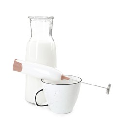 Mini mixer (milk frother), cup and bottle isolated on white