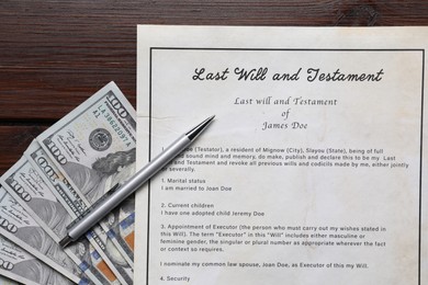 Photo of Last Will and Testament, dollar bills and pen on wooden table, flat lay