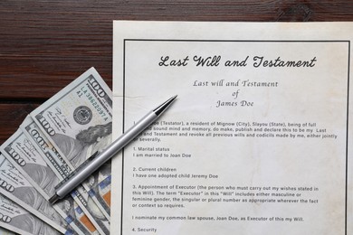 Last Will and Testament, dollar bills and pen on wooden table, flat lay