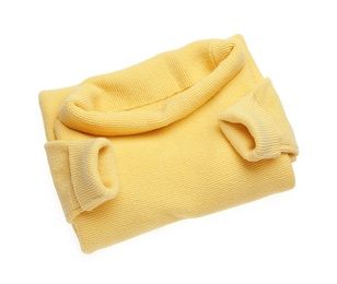 Yellow woolen sweater isolated on white. Warm clothes