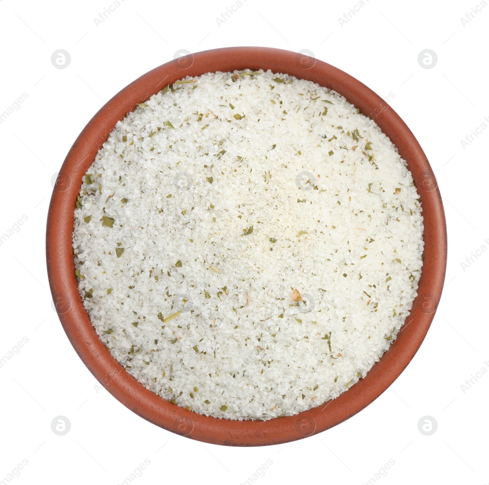 Photo of Natural herb salt in bowl isolated on white, top view