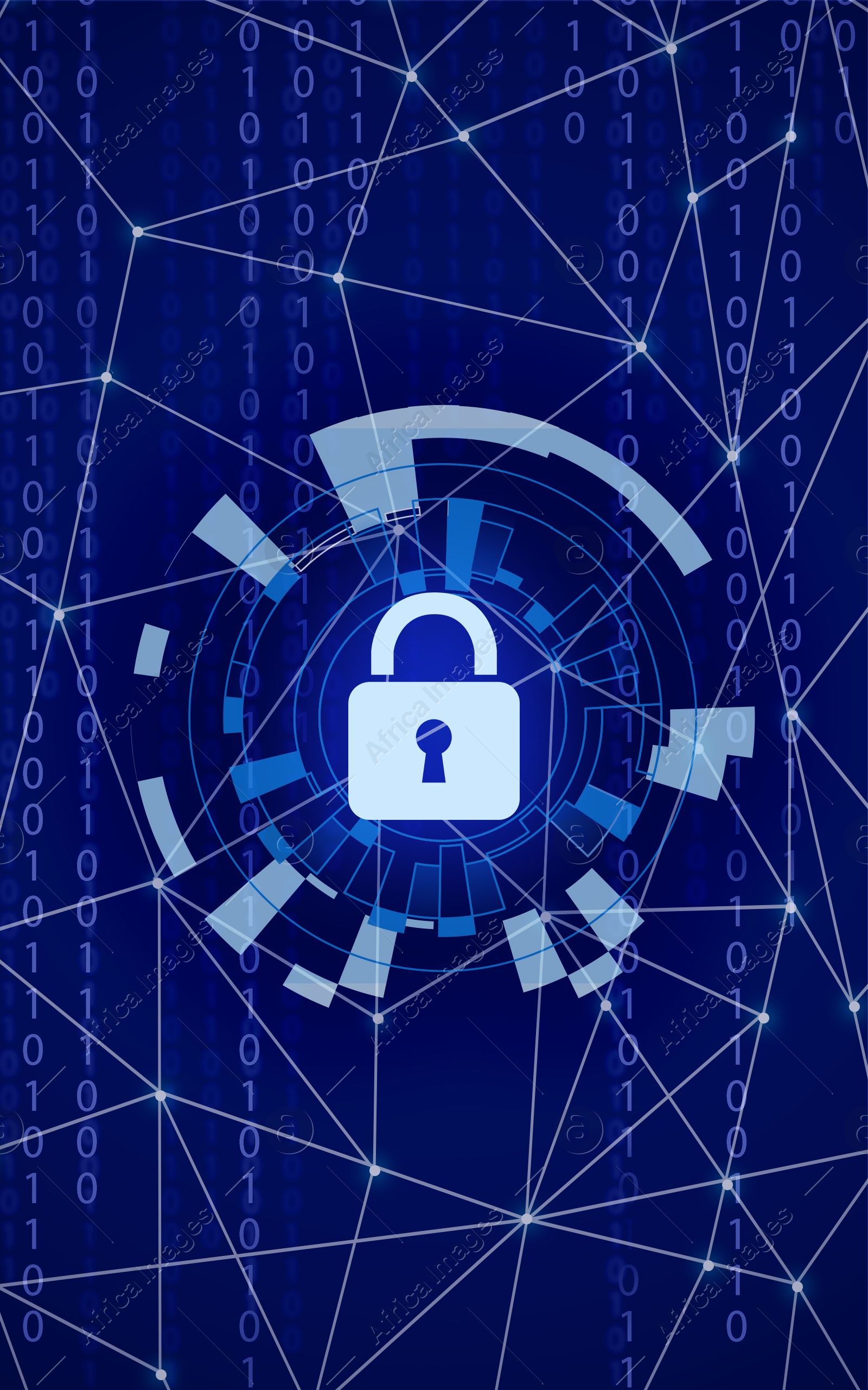 Illustration of Padlock illustration as symbol of cyber security on blue background with binary code