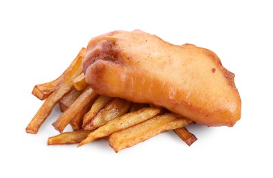 Photo of Tasty fish and chips isolated on white