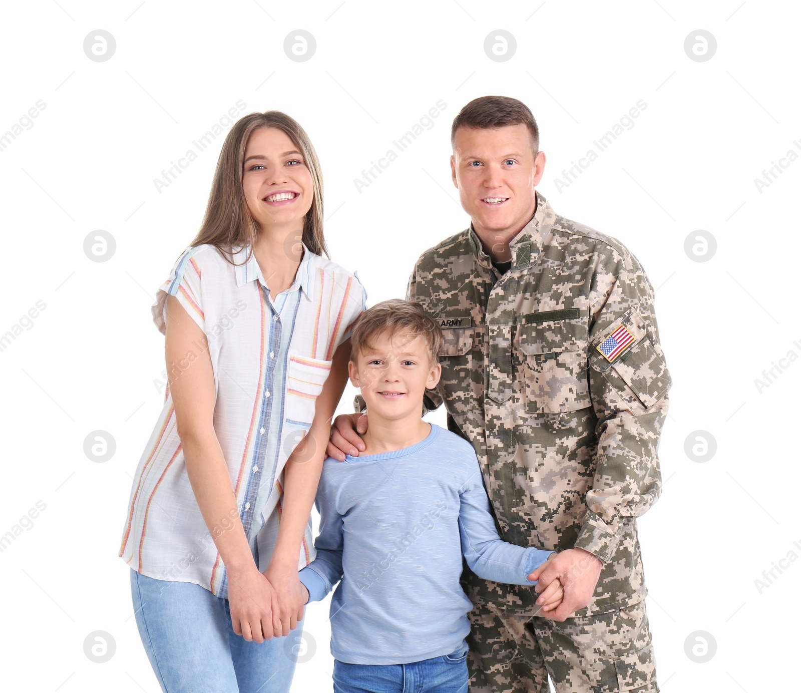 Photo of Male soldier with his family on white background. Military service