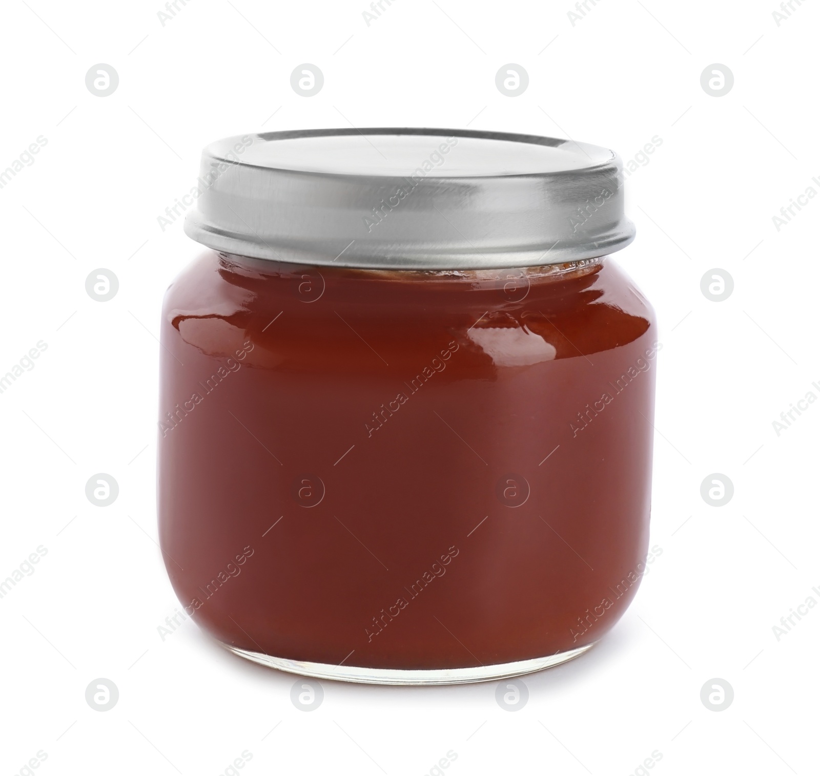 Photo of Jar with healthy baby food on white background