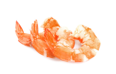 Delicious cooked shrimps isolated on white, above view