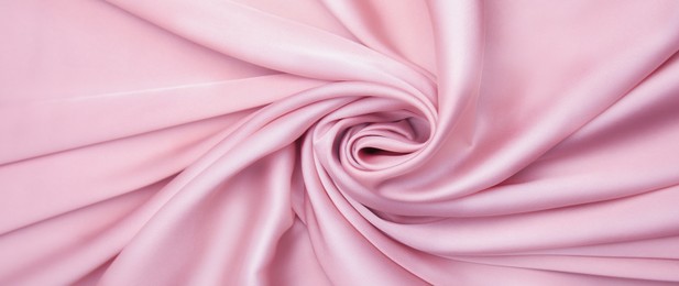 Pink silk fabric as background, top view. Banner design