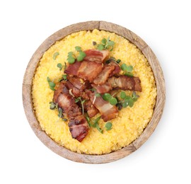 Photo of Cooked cornmeal with bacon and microgreens in bowl isolated on white, top view