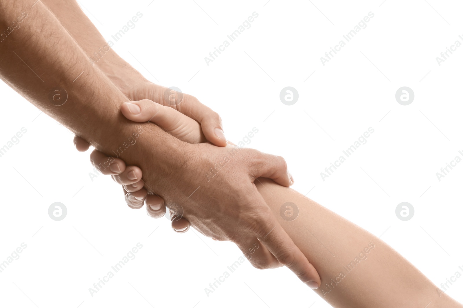 Photo of Man and woman holding hands on white background, closeup. Help and support concept