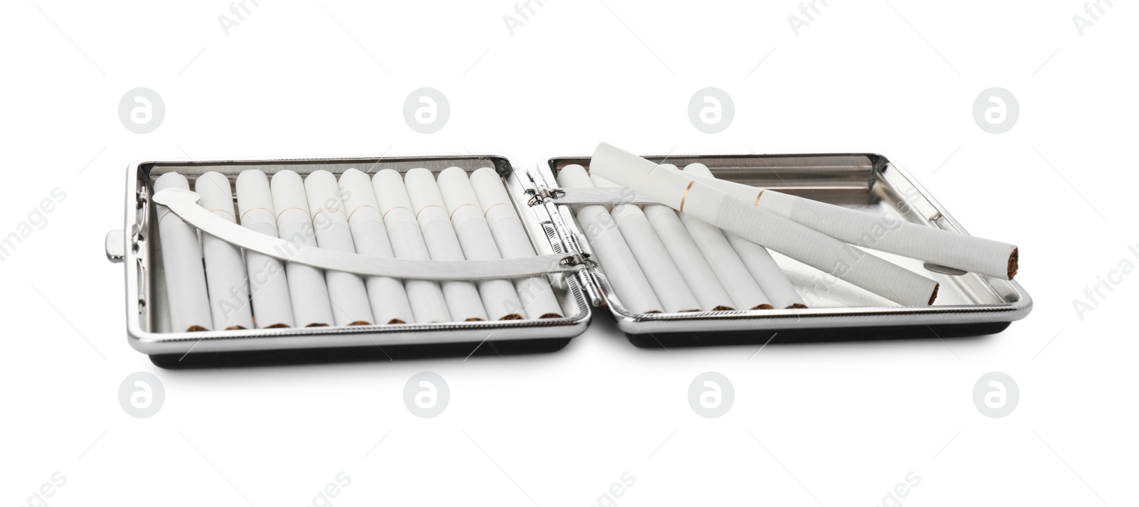 Photo of Stylish case with cigarettes isolated on white