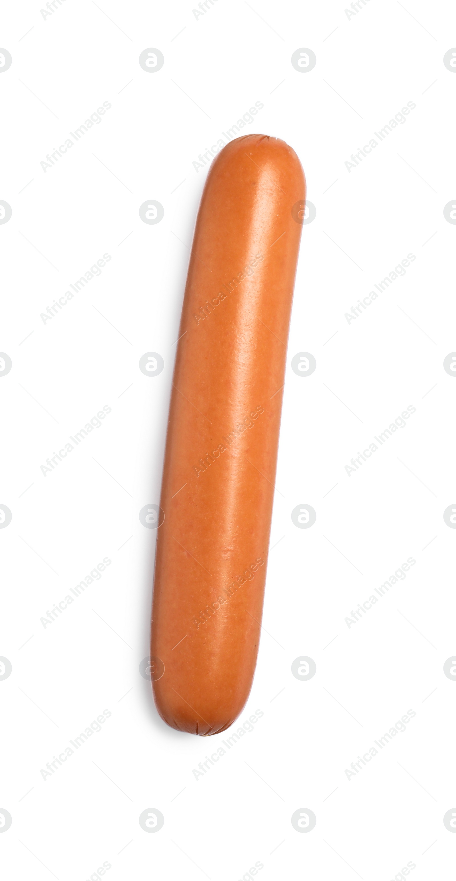 Photo of Fresh raw sausage isolated on white, top view. Ingredient for hot dog