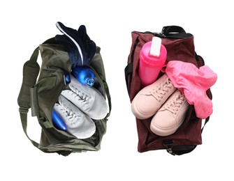 Image of Sports bag and gym stuff on white background, top view. Collage