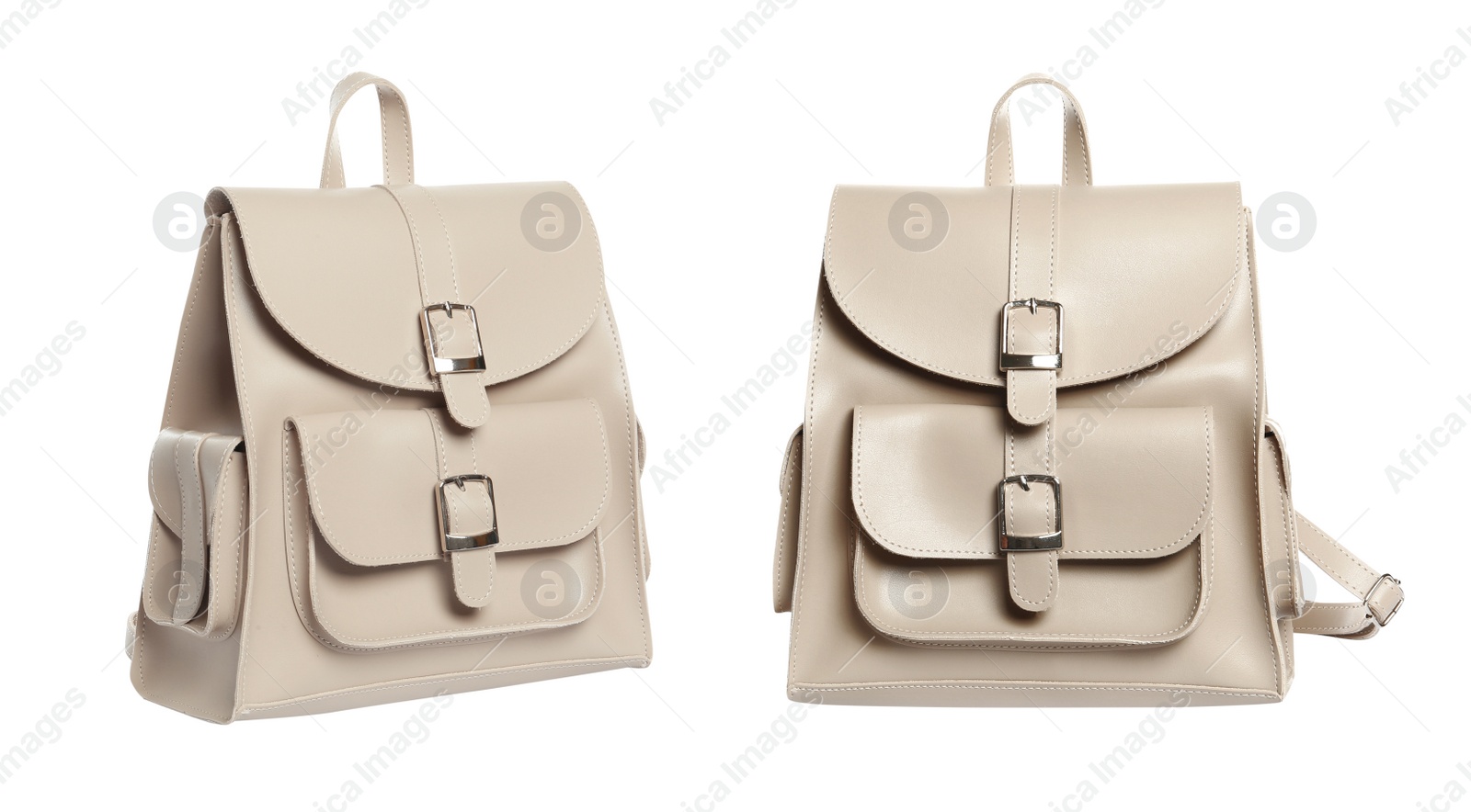 Image of Stylish leather backpacks on white background, collage