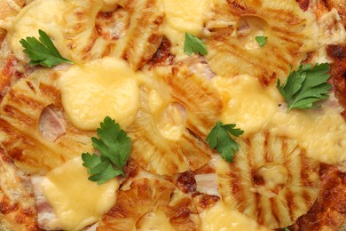 Photo of Delicious pineapple pizza as background, top view