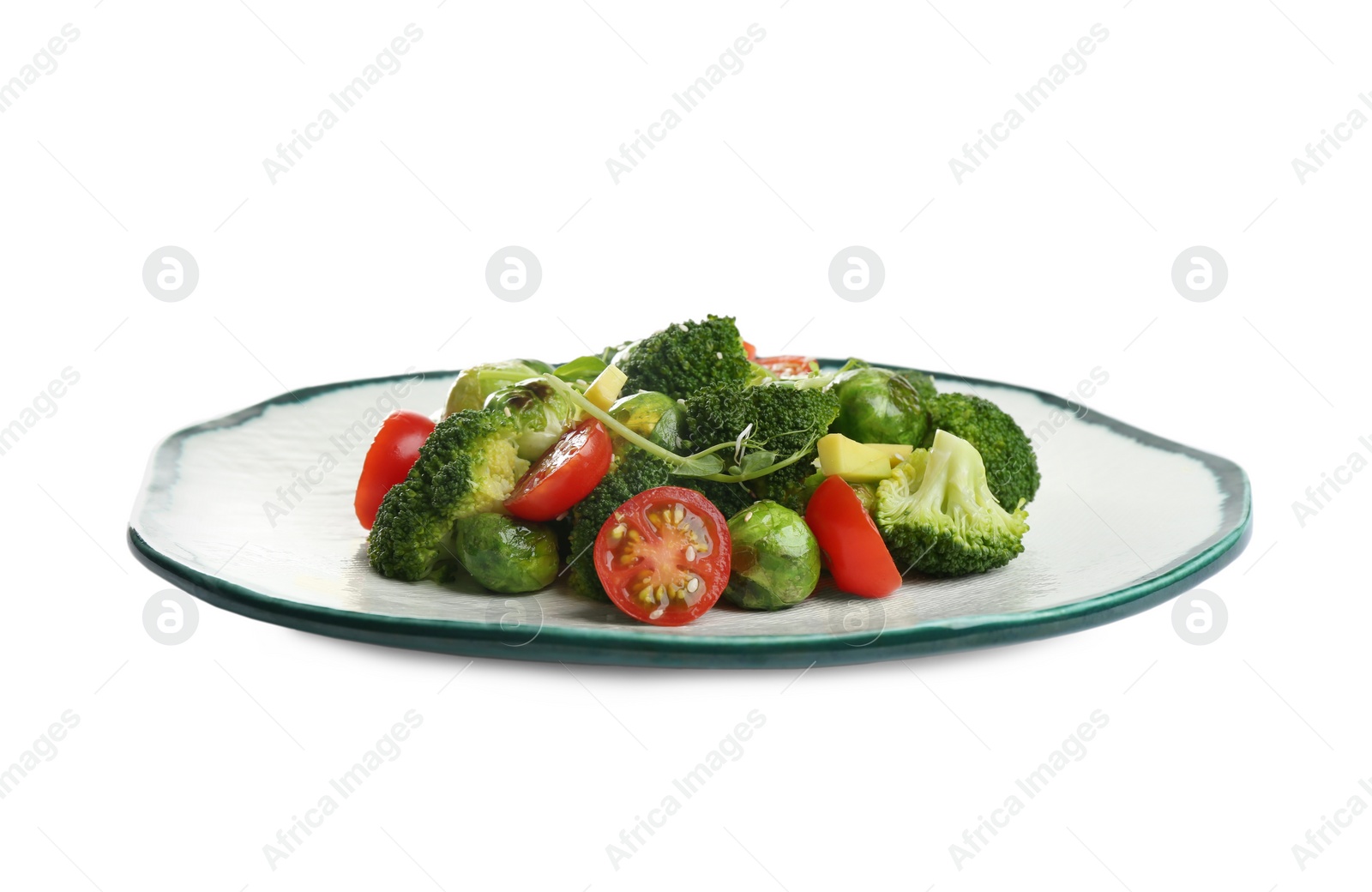 Photo of Tasty fresh salad with Brussels sprouts isolated on white