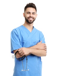 Young male doctor in uniform isolated on white