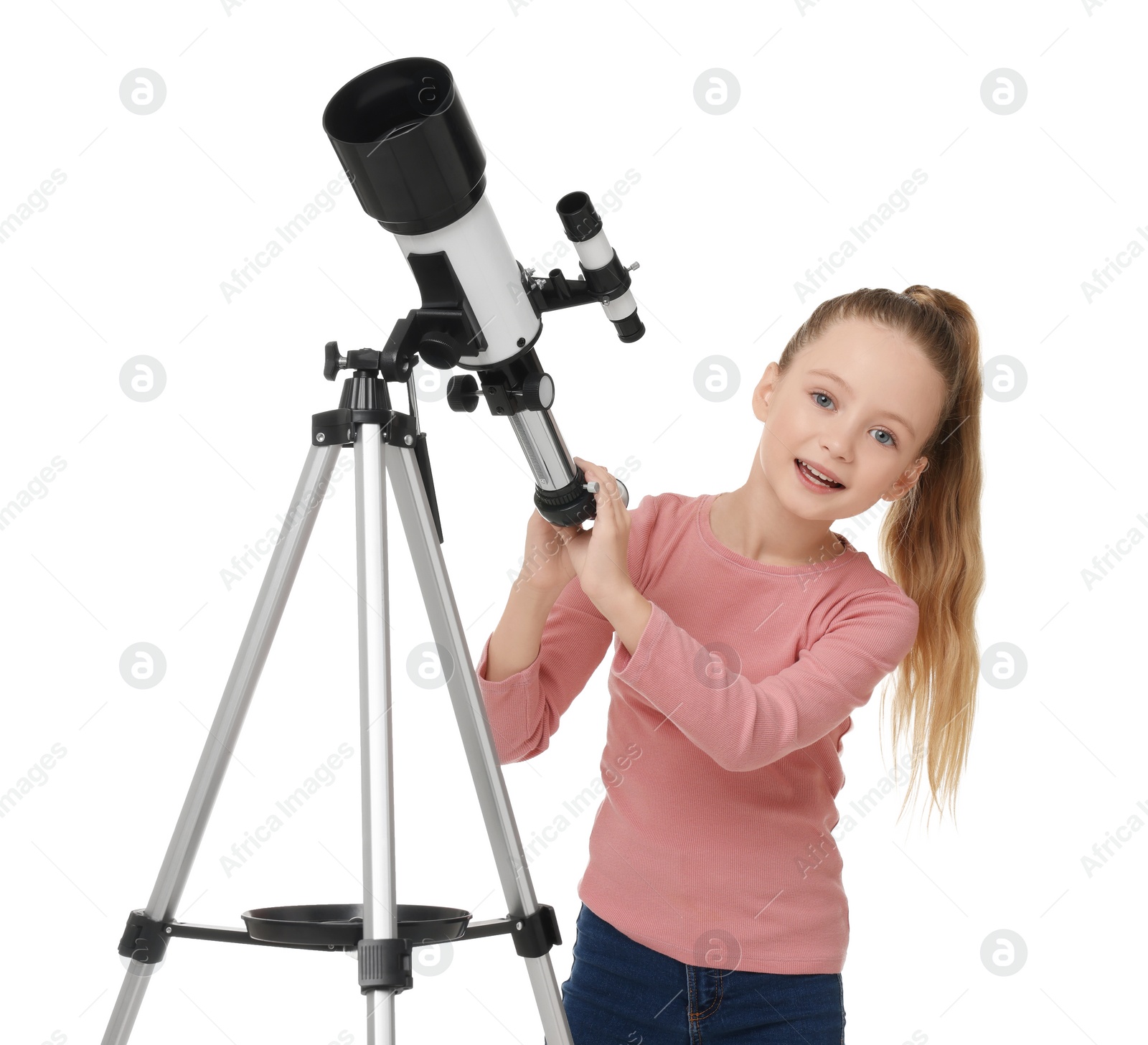 Photo of Happy little girl with telescope on white background