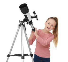 Happy little girl with telescope on white background