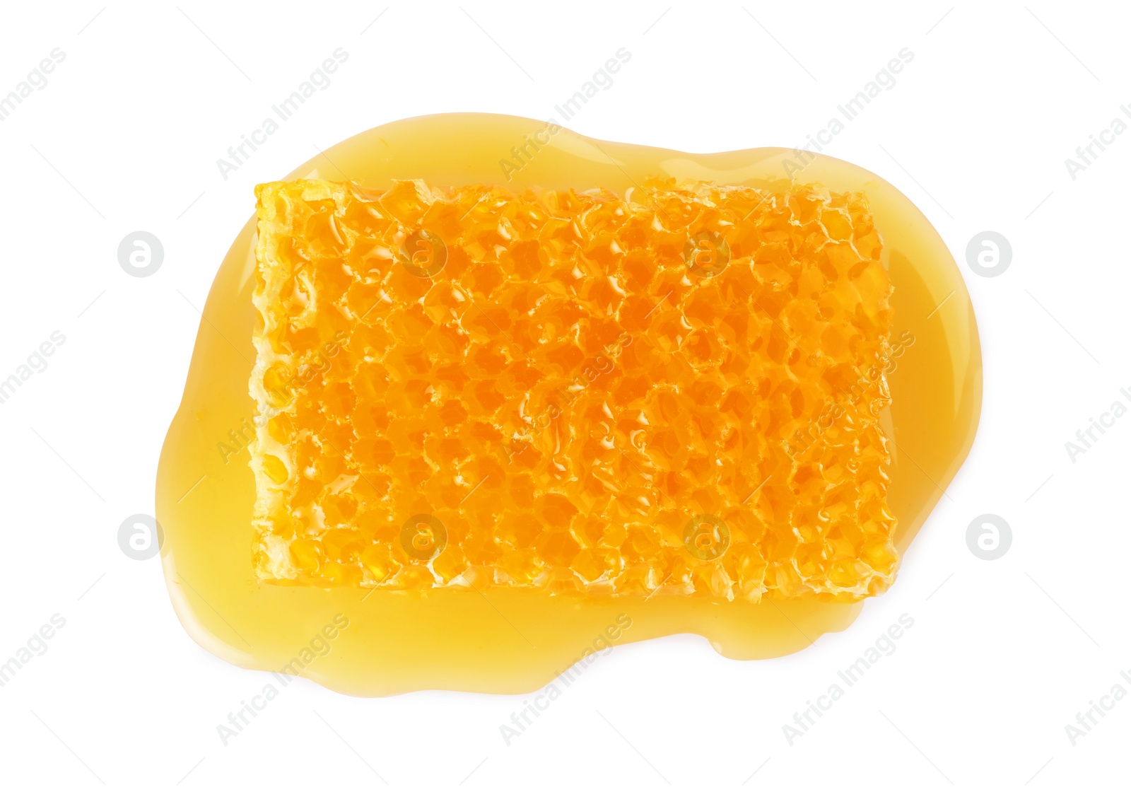 Photo of Natural honeycomb with tasty honey isolated on white, top view