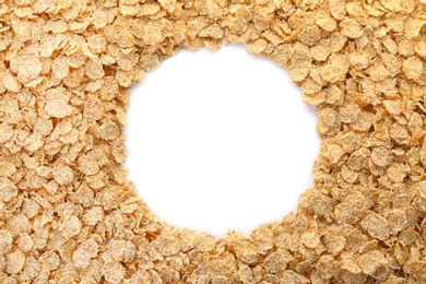 Photo of Wheat flakes on white background. Healthy grains and cereals