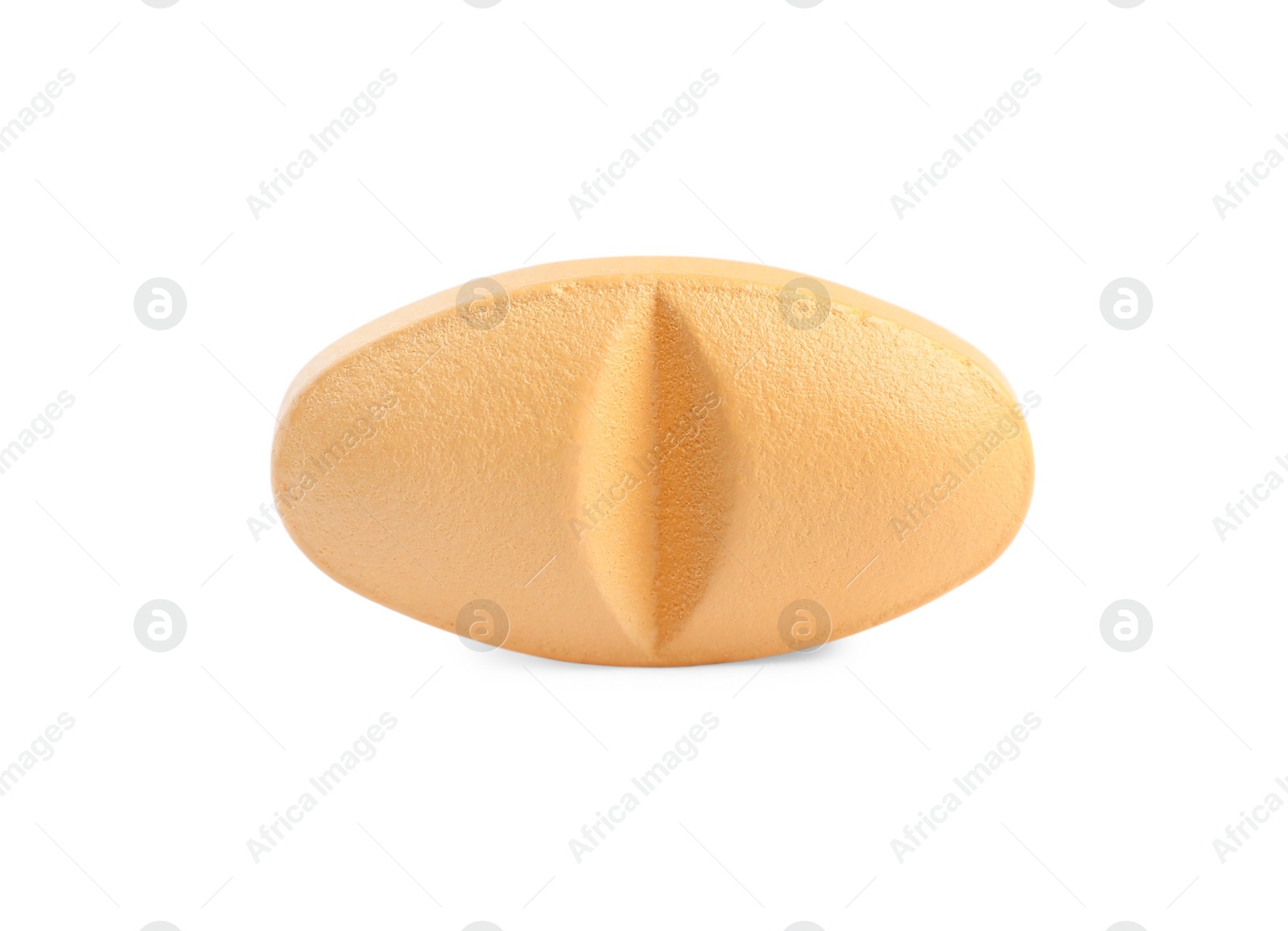 Photo of One light orange pill isolated on white. Medicinal treatment