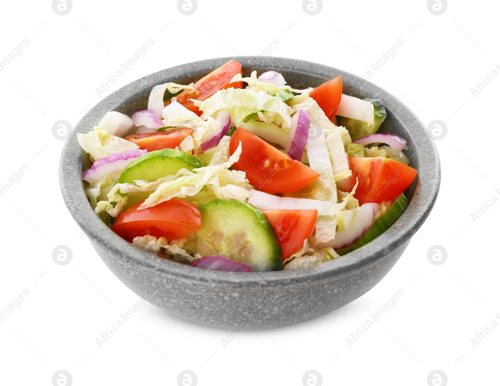 Photo of Tasty salad with Chinese cabbage, tomato and cucumber in bowl isolated on white