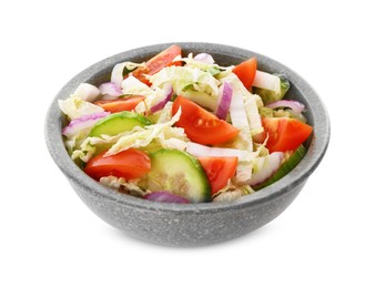 Photo of Tasty salad with Chinese cabbage, tomato and cucumber in bowl isolated on white