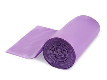 Roll of violet garbage bags on white background. Cleaning supplies