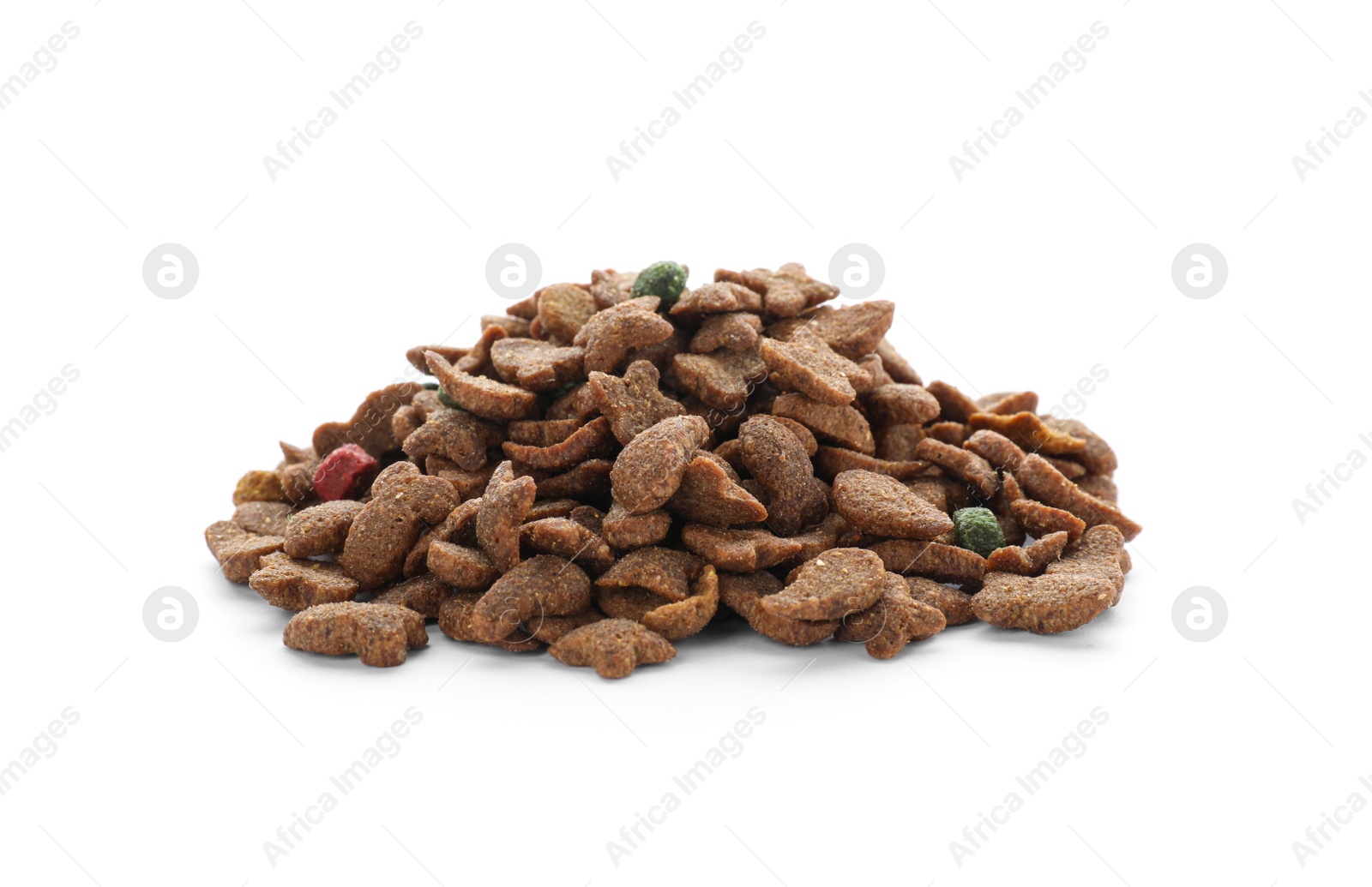 Photo of Pile of dry pet food on white background