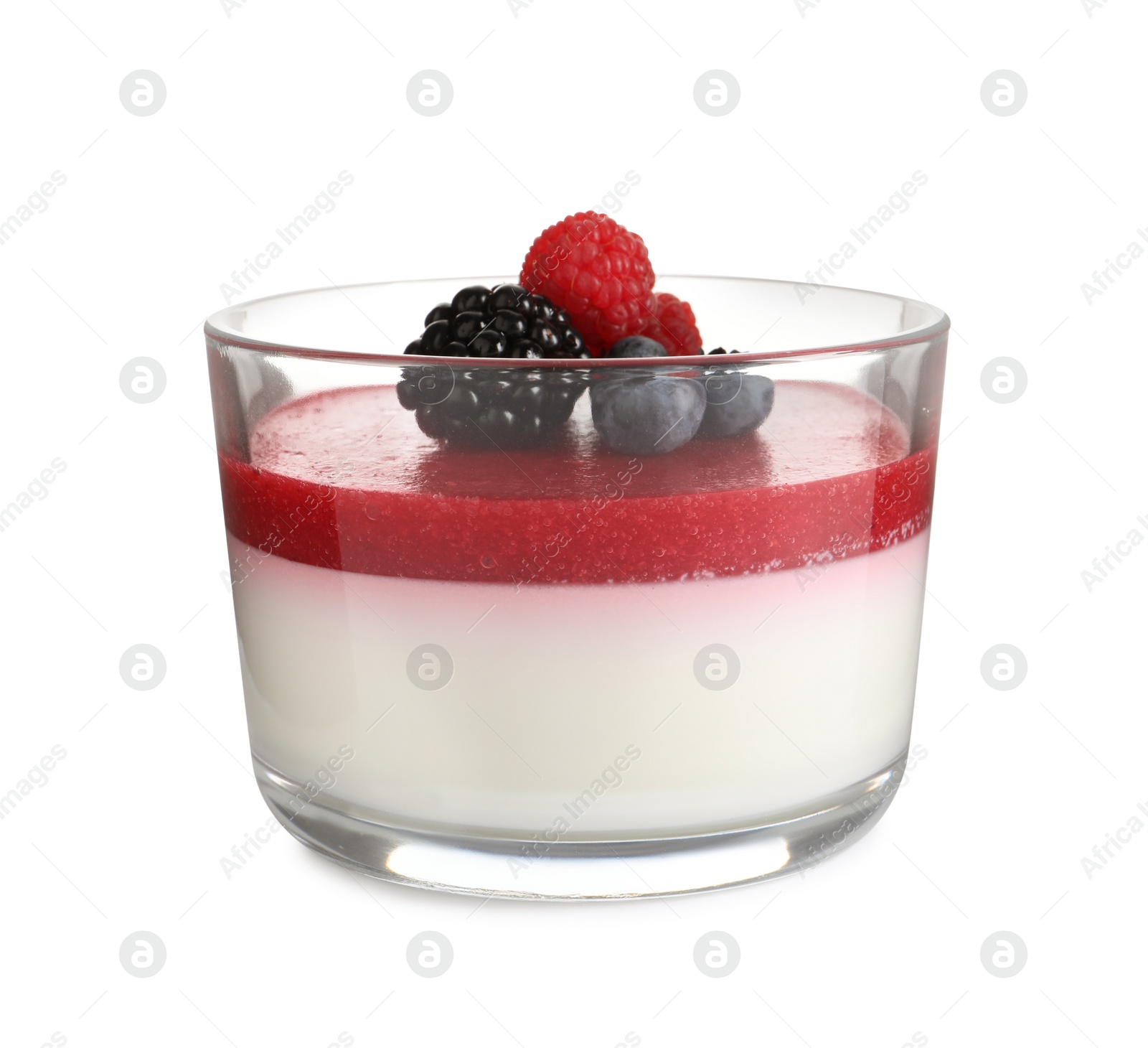 Photo of Delicious panna cotta with fruit coulis and fresh berries isolated on white