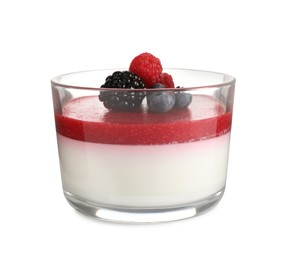 Delicious panna cotta with fruit coulis and fresh berries isolated on white