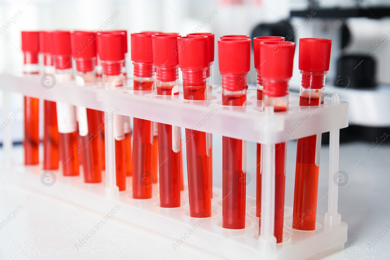 Photo of Test tubes with blood samples on table in laboratory, closeup. Virus research