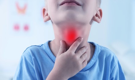 Image of Endocrine system. Boy doing thyroid self examination indoors, closeup. Banner design